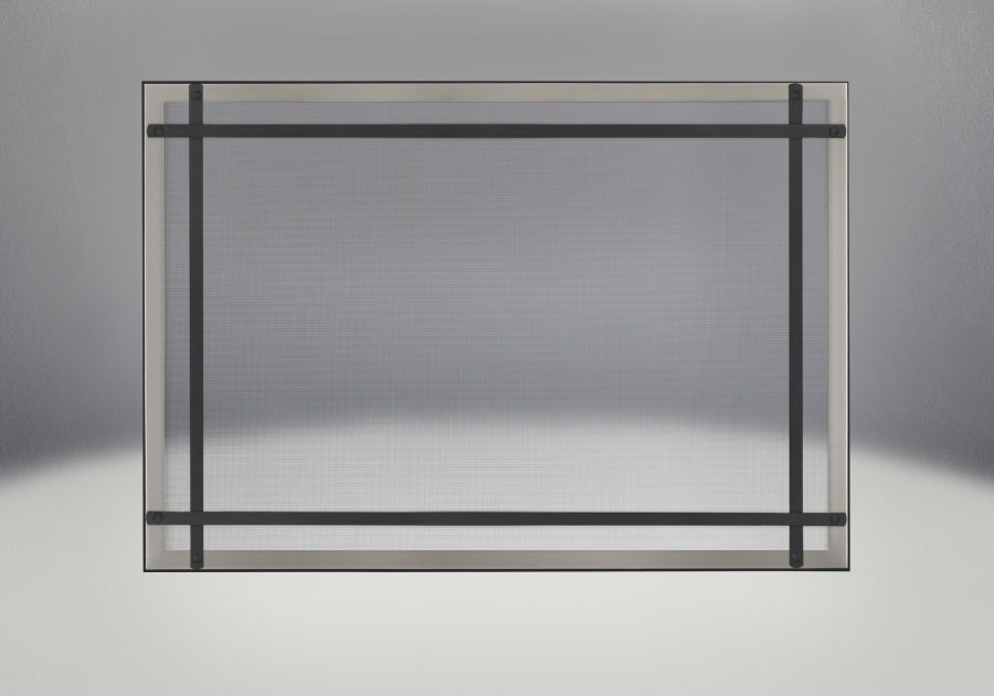 Façade classique illustrée avec un revêtement en fini nickel brossé, des barres d'accent droites en fini noir et un écran de protection